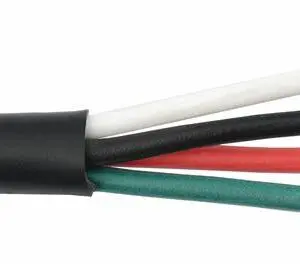 A black and white 16/4 Tray Cable with red, green, and black wires.