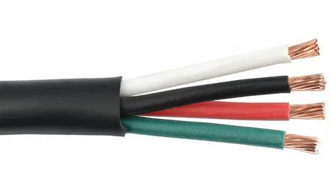 A black and white 16/4 Tray Cable with red, green, and black wires.