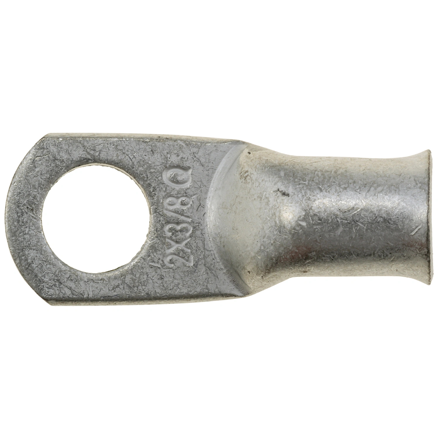 An image of a 2AWG Quick Cable Max Lug, 3/8" Stud with a hole in it.