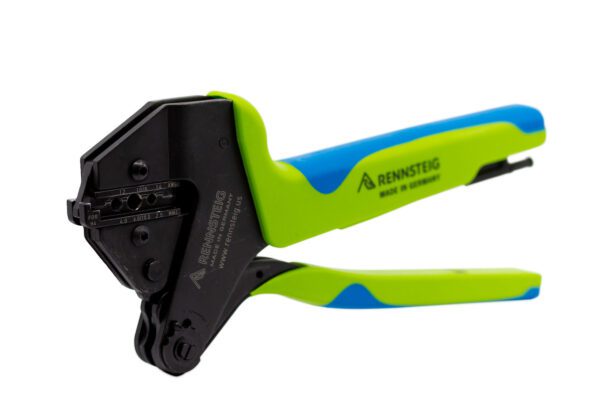 A green and blue Rennsteig 624 1194 3 - Amphenol H4 wire crimper on a white background.