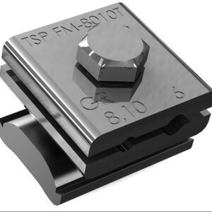 A black and silver metal electrical clamp.