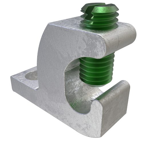 A Ilsco GBL 4BDT Grounding Lug (Includes Hardware) clamp with a green knob.