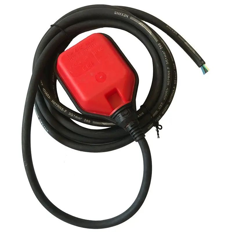 A red and black Grundfos Float Switch connected to a red plug.