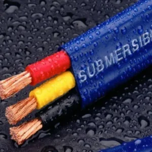 A blue and yellow 10/2 (w/ ground) Flat Submersible Pump Cable with the words submersible on it.