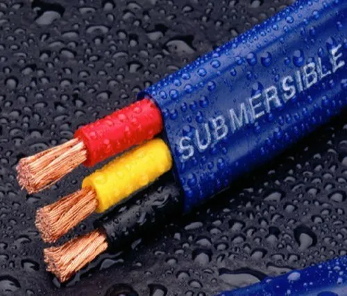 A blue and yellow 10/2 (w/ ground) Flat Submersible Pump Cable with the words submersible on it.