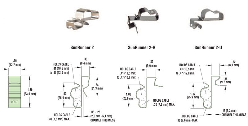 A diagram showing the different types of Heyco S6402/S6442 SunRunner 2R clips.