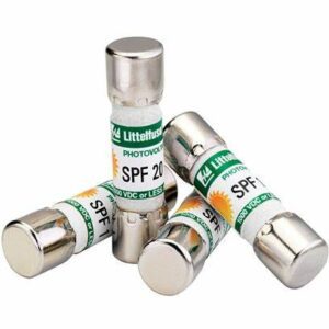 Four 15 Amp Littlefuse SPF-015 fuses on a white background.