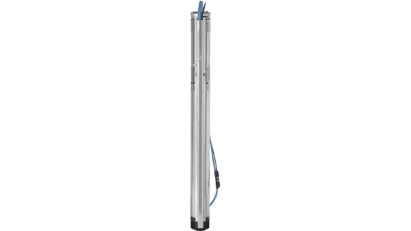 A submersible pump made of stainless steel.