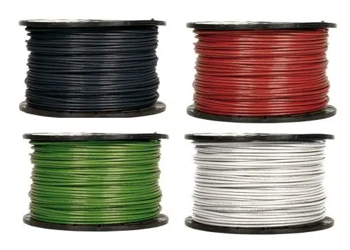Four different colors of 6 AWG PV Cable spools of wire.