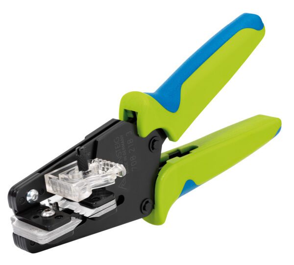 A blue and green Rennsteig Insulation Stripping Tool on a white background.