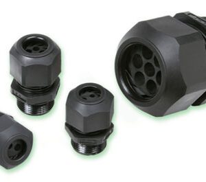 Four 1/2" NPT, 3 Holes, Heyco M3200GX connectors on a white background.