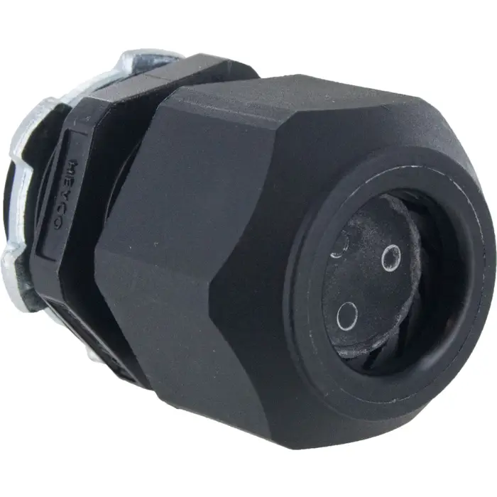 An image of a 3/4" NPT, 3 Holes, Heyco M3234GBS-SM black plastic connector.