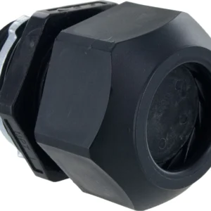 An image of a 1" NPT, 9 Holes, Heyco M8437GBK-SM black plastic nut.