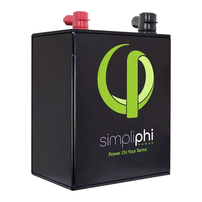 Black SimpliPhi Power battery with green logo.
