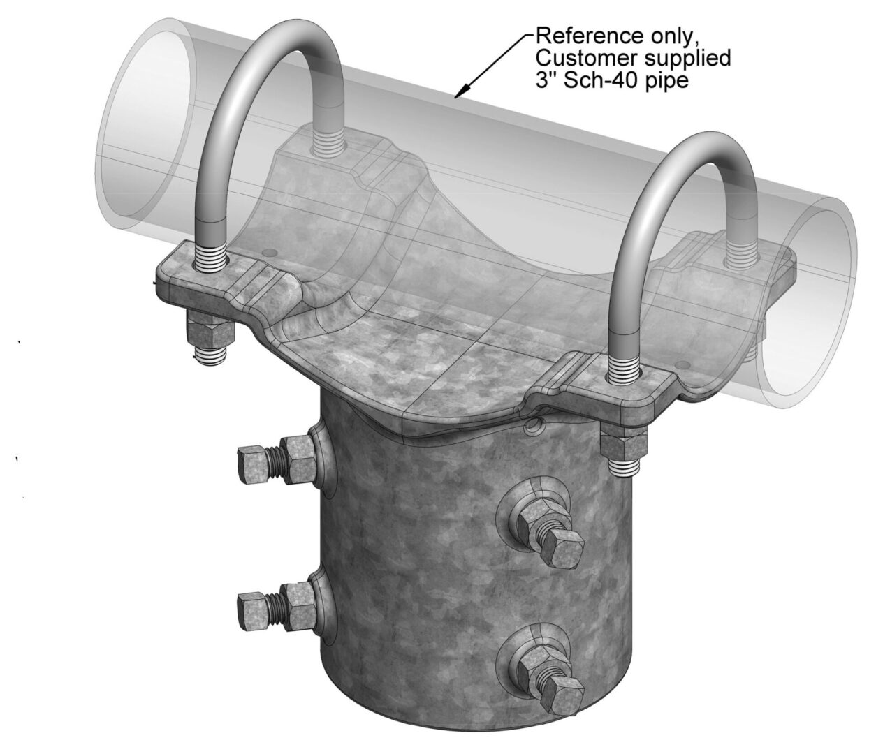 Pipe fitting with bolts and connectors illustration.