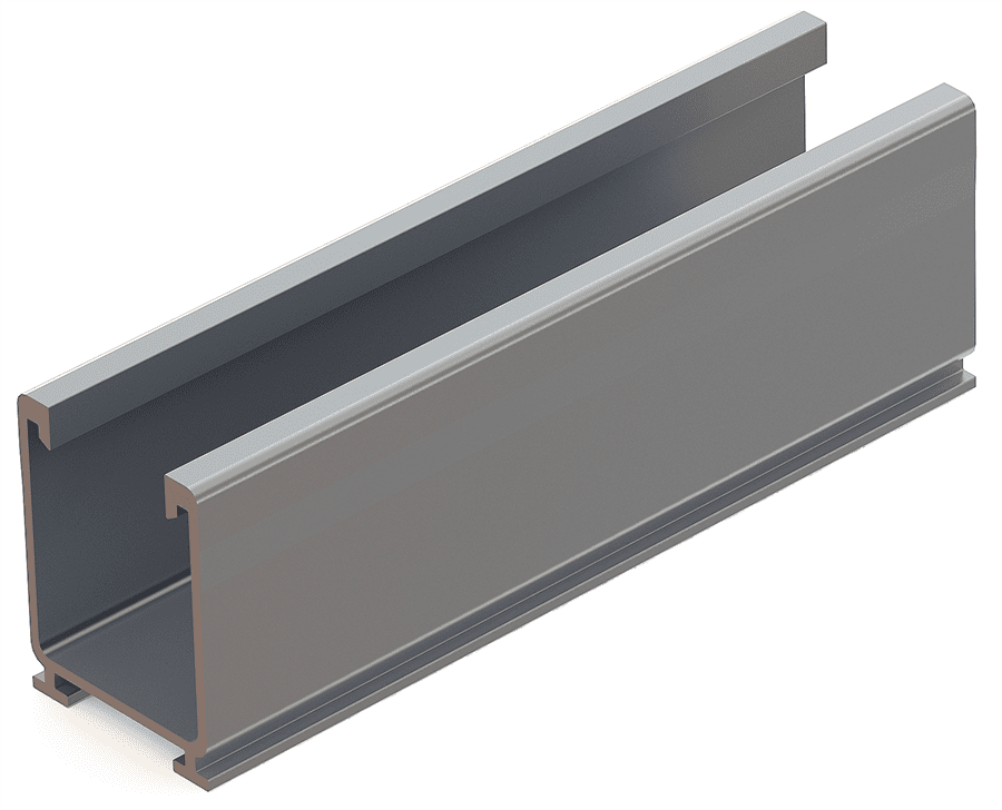 Gray metal U-shaped beam on white background.