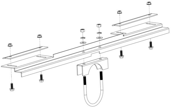 Exploded view of a metal bracket assembly.