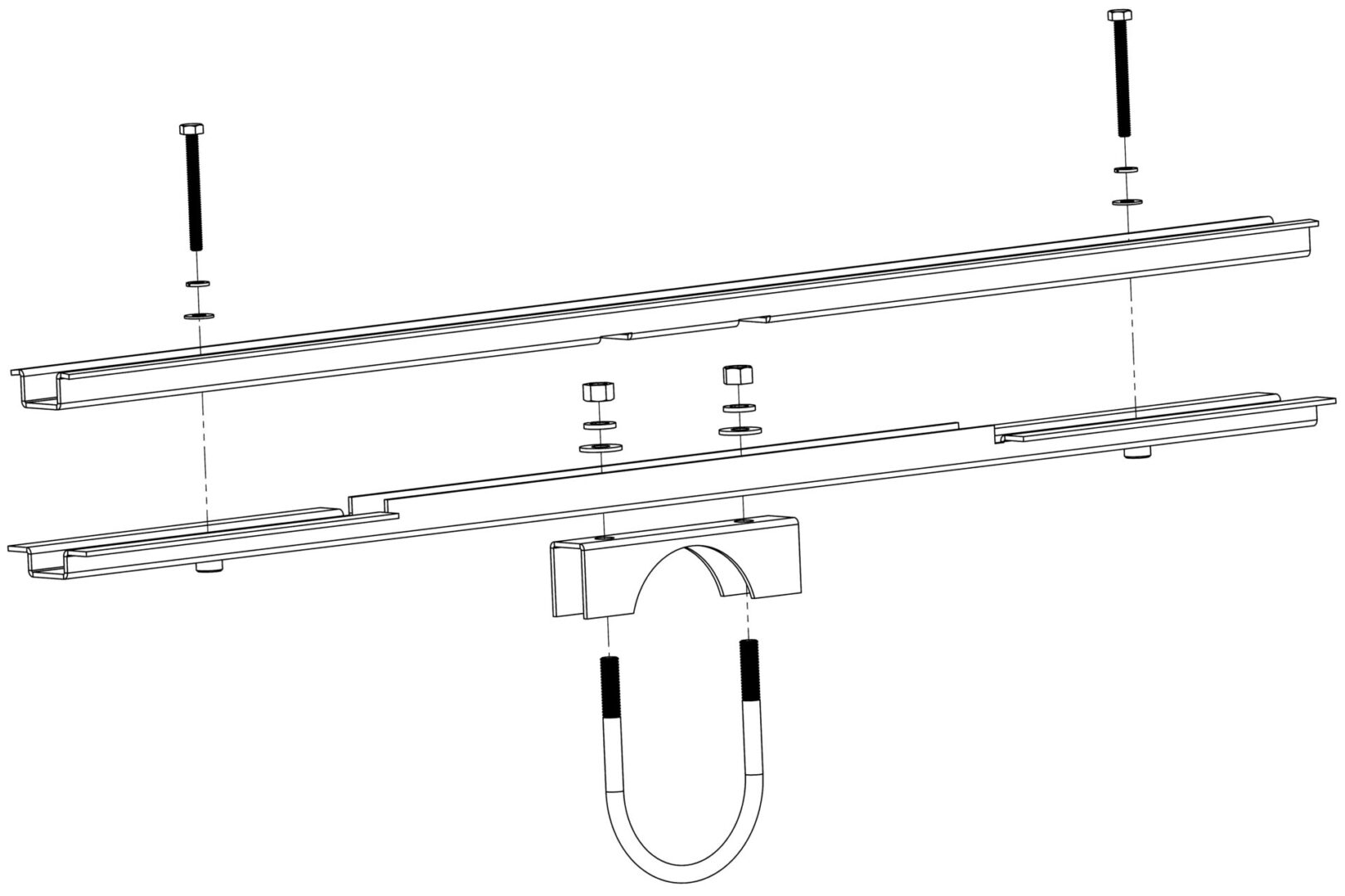 Illustration of an assembly with rails and screws.